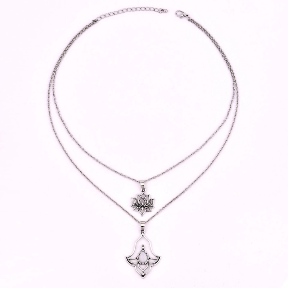 New Silver Lotus Flower Boho Necklace - Picture 4 of 5